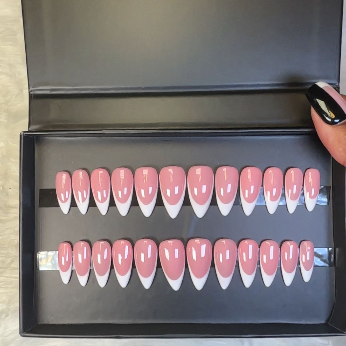 luxury stiletto French tip press-on nails with a high-gloss finish. Hand-painted on 100% Gel X tips for a salon-quality, reusable look. Sleek, stylish, and long-lasting short long Xlong